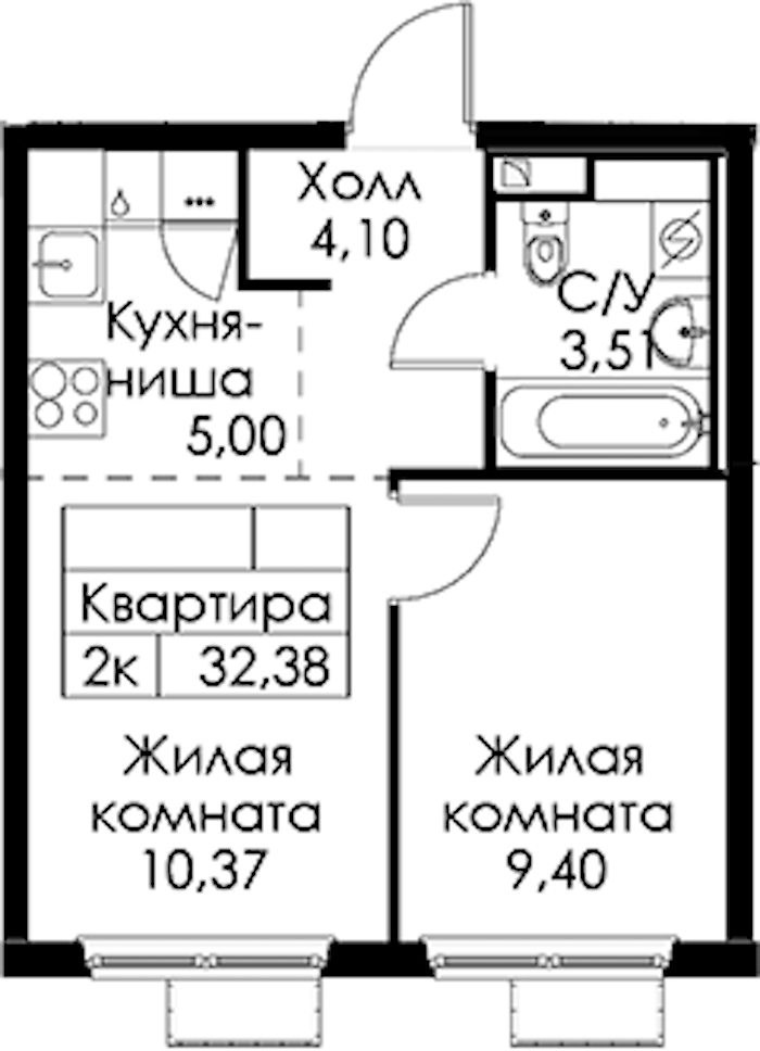 1-комнатная квартира 32.38 м², 12/15 эт., ЖК «Янинский лес»